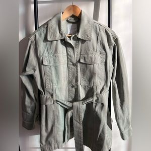 Mid length jean jacket army green washer out color